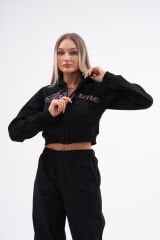Hoodfame Bunny Rhinestone Taşlı Crop Fermuarlı Sweatshirt