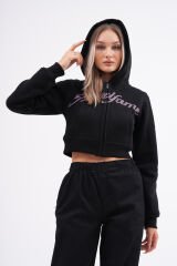 Hoodfame Bunny Rhinestone Taşlı Crop Fermuarlı Sweatshirt