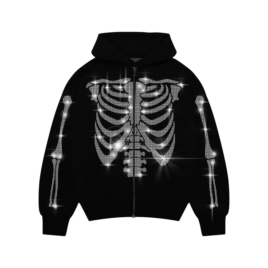 Skeleton Rhinestone Fermuarlı Taşlı Sweatshirt
