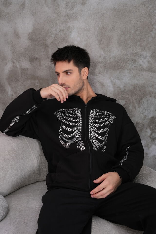 Skeleton Rhinestone Fermuarlı Taşlı Sweatshirt