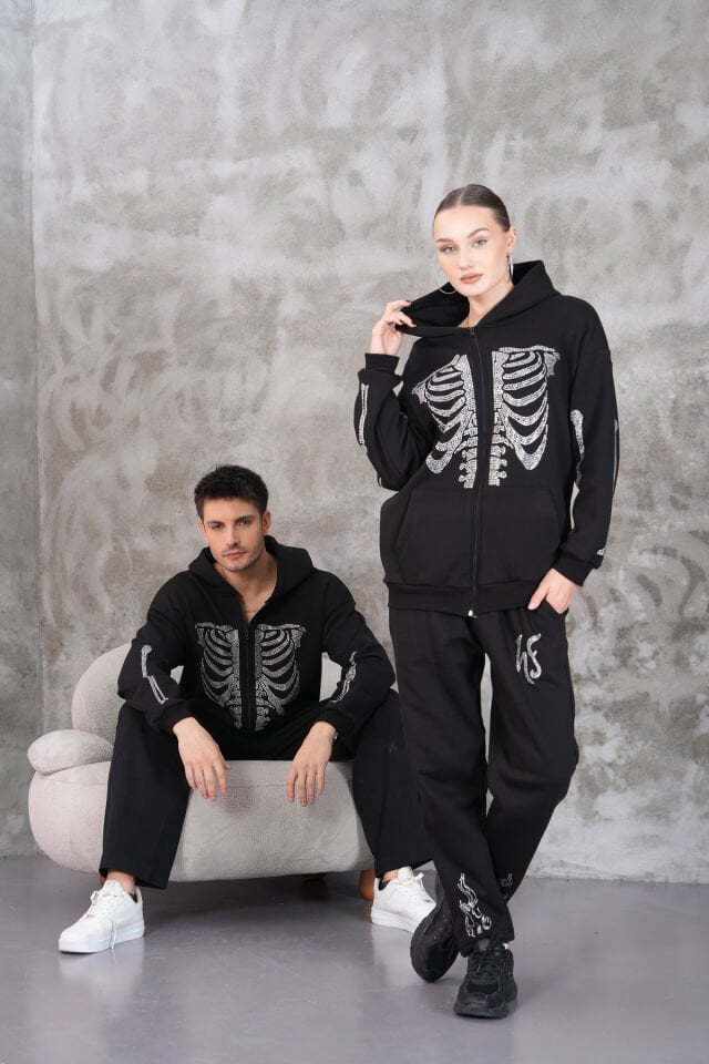 Skeleton Rhinestone Fermuarlı Taşlı Sweatshirt