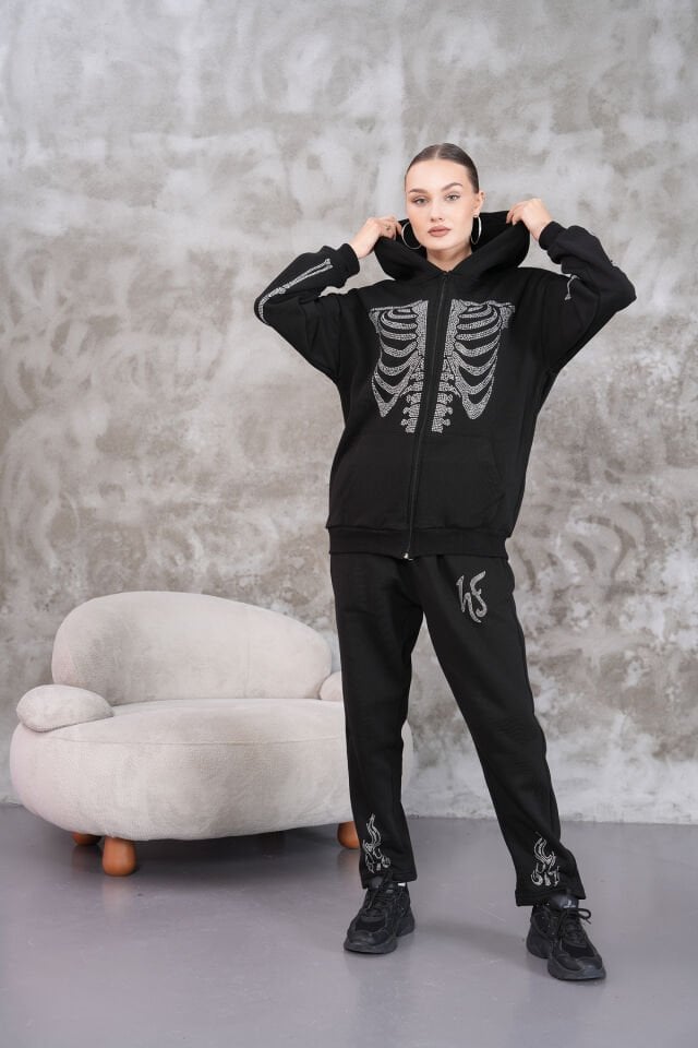 Skeleton Rhinestone Fermuarlı Taşlı Sweatshirt