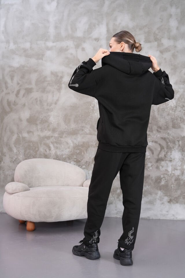 Skeleton Rhinestone Fermuarlı Taşlı Sweatshirt