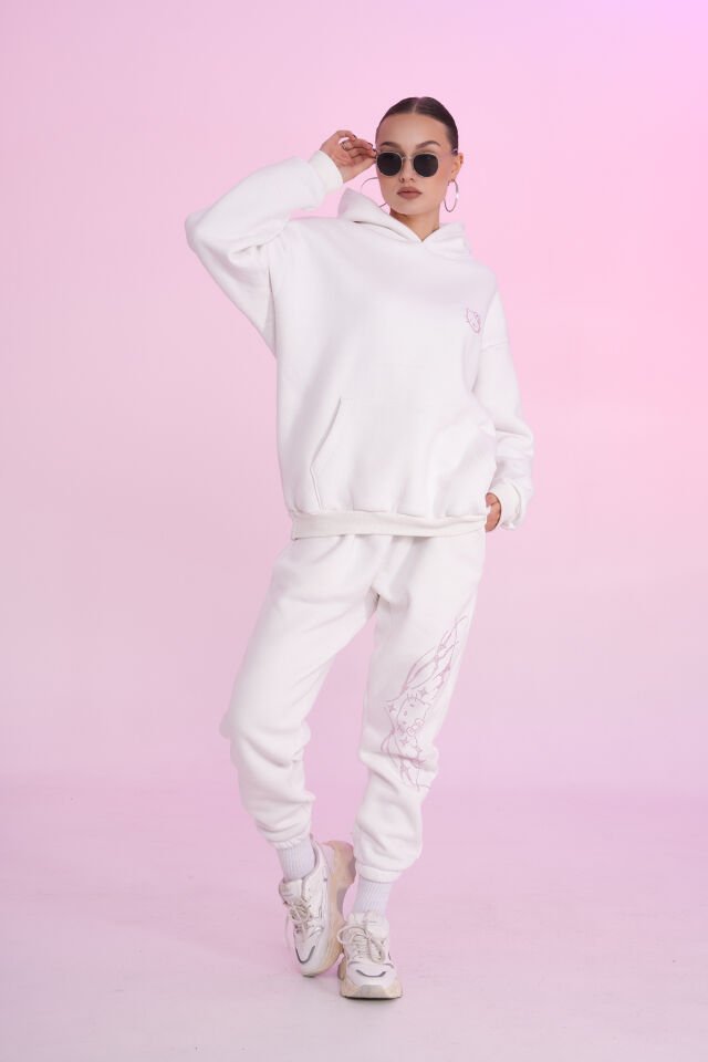 Ecru Kitty Rhinestone Taşlı Sweatshirt