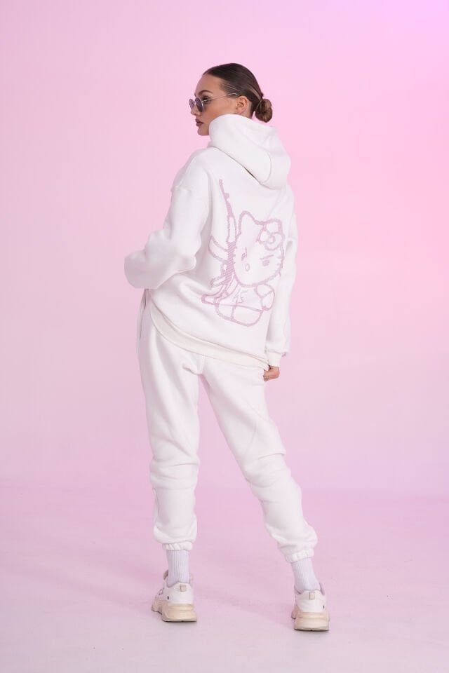 Ecru Kitty Rhinestone Taşlı Sweatshirt