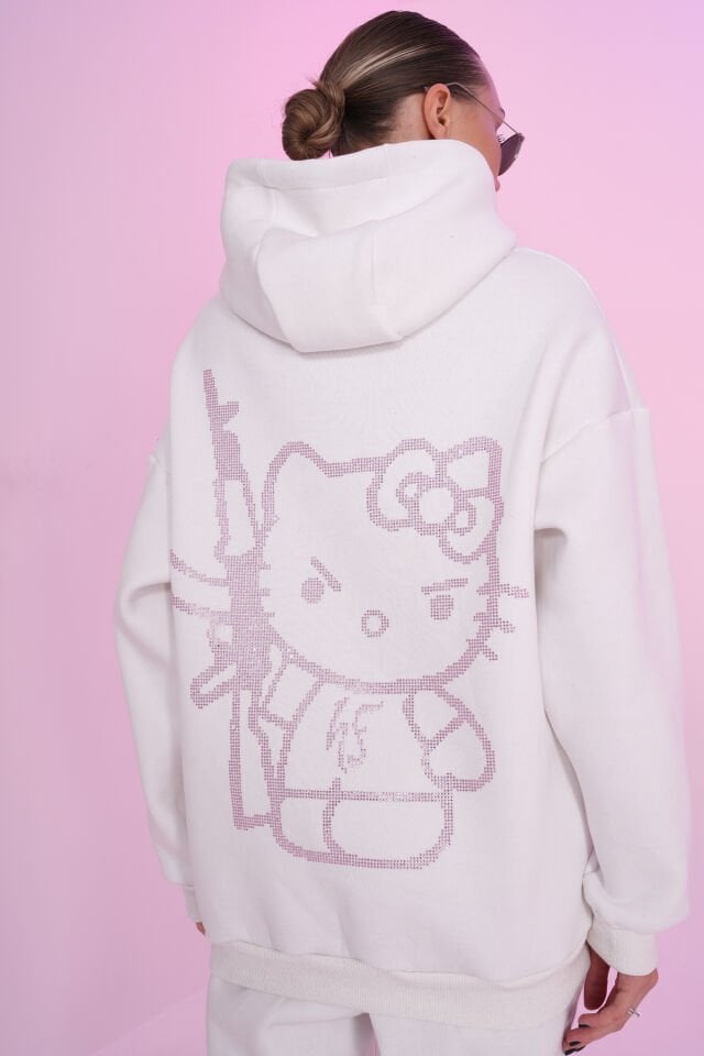 Ecru Kitty Rhinestone Taşlı Sweatshirt