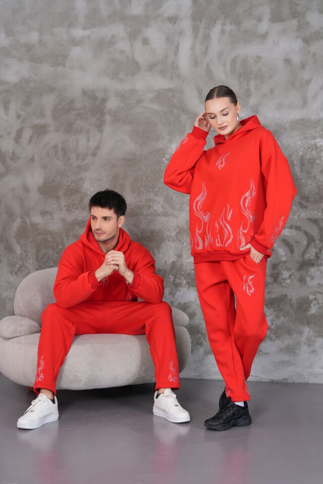 Red Flame Rhinestone Taşlı Sweatshirt