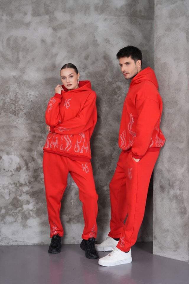 Red Flame Rhinestone Taşlı Sweatshirt