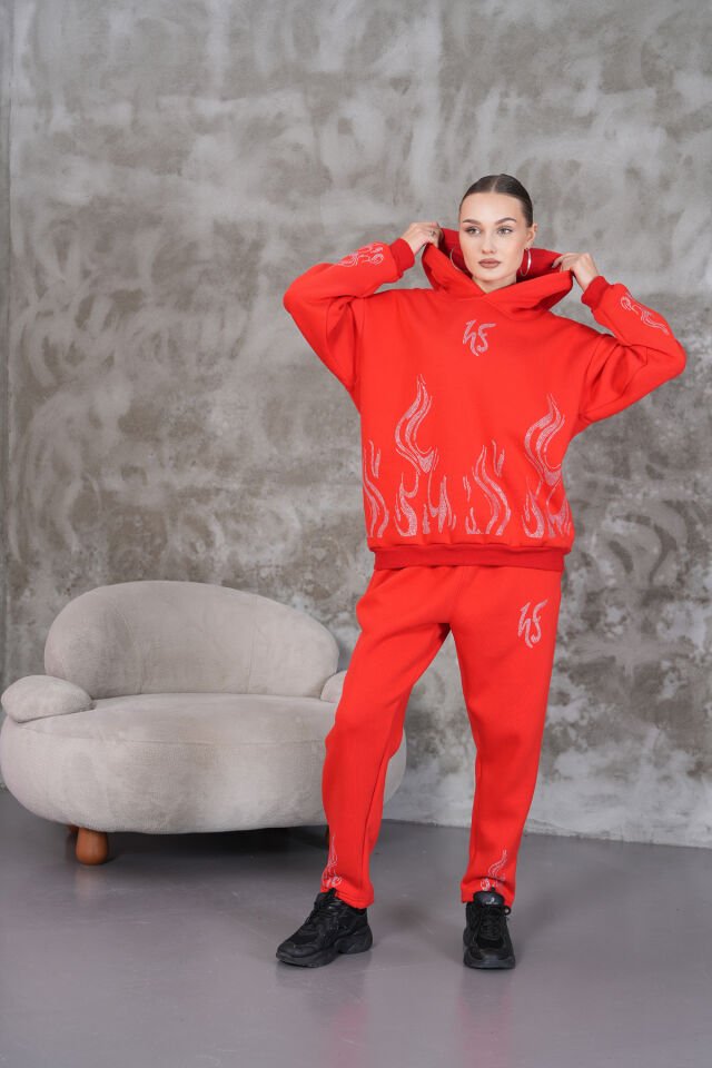 Red Flame Rhinestone Taşlı Sweatshirt