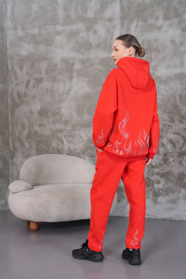 Red Flame Rhinestone Taşlı Sweatshirt